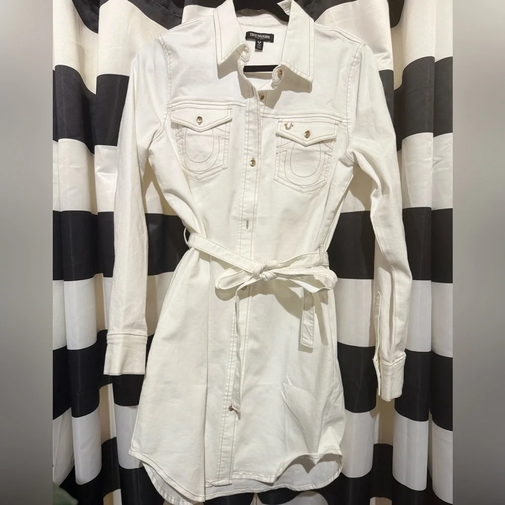 True Religion Ivory Long Sleeve Jean Shirt Dress - Picture 5 of 6